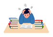 © Orapun - Unhappy student doing difficult homework. Information excessive amount. Stressed student with books piles in flat design.