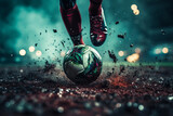 Fototapeta Sport - Soccer player kicking the ball on dark background with smoke illustration