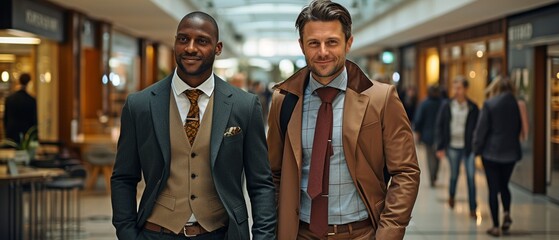 Two multi-cultural businesspeople walking down the hallway.