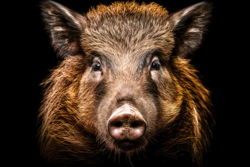 Portrait of a wild boar, isolated on black background.