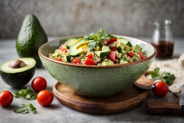 Bowl of nutritious vegan food avocado quinoa tomato cucumber veggie salad Ideal for breakfast or snack clean eating vegan diet concept. Generative Ai.