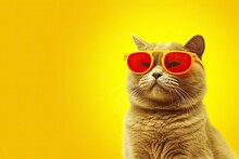 Closeup Portrait Of Funny Ginger Cat Wearing Sunglasses Isolated On Light Yellow.Copyspace.Generative AI