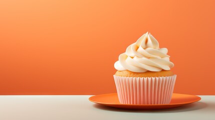  a cupcake with white frosting on an orange plate.  generative ai