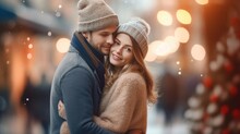 The Romantic Of Young Couple In Love With Wearing Wool Hat In The Winter Season On Bokeh Background. Generative Ai