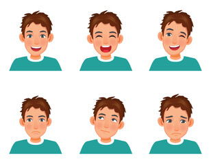 Young man with different facial emotion expressions such as smile, laughing, wink, thinking, sad, serious