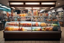 Convenience Store's Refrigerated Section Showcasing Cold Drinks And Fresh Food Items, Generative AI