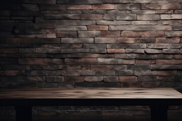 Wall Mural - Wooden table next to a brick wall, in the style of dark gray, There is space to place products.