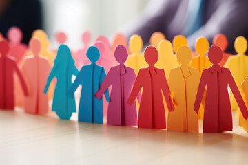 Group of paper people standing next to each other. Perfect for illustrating unity, teamwork, or community concepts. Ideal for use in presentations, brochures, or educational materials.