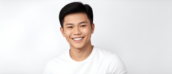 Poster - Young Filipino man smiling and wearing plain white shirt on plain background from Generative AI