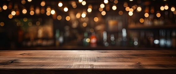 Wall Mural - blurred wooden interior. cozy cafe scene with empty table. abstract wood and light. background for m