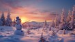 A picturesque winter wonderland with children joyfully building a snowman, surrounded by snow-covered trees and a brilliant sunset casting a warm glow.