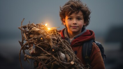 Wall Mural - Boy carrying driftwood decorated with Christmas lights .