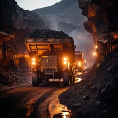 Wall Mural - Coal is loaded onto trucks by mining machines that are operated during mining.