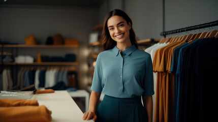 Wall Mural - Retail clothing store worker at the checkout counter, working on laptop, business administration