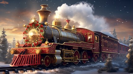 Wall Mural - Fairy locomotive in holiday postcard style. Merry christmas and happy new year .