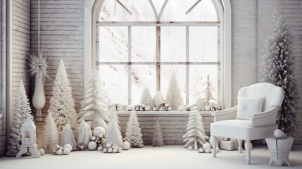 Wall Mural - Stylish Christmas scandinavian minimalistic interior with white decor .