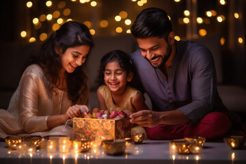 Canvas Print - Indian family celebrating diwali festival.