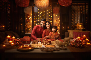 Indian family celebrating diwali festival.