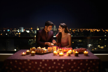 Sticker - indian couple celebrating diwali festival.