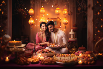 Wall Mural - indian couple celebrating diwali festival.