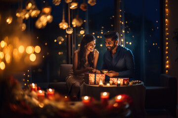 Wall Mural - indian couple celebrating diwali festival.