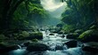 Long river of the waterfall between green mountains. Dense rainforest with lush green foliage still life .