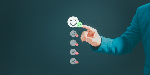 Poster - User hand touching the virtual screen on happy smile face icon to give satisfaction in service. Online review concept of opinion rating good, assessment testimonial customer service and feedback.