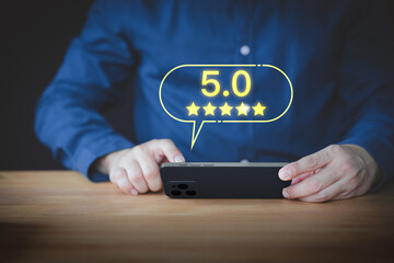 Poster - User hand using a mobile phone with pop up five stars icon for feedback review satisfaction service opinion and testimonial. Customer service experience assessment and business satisfaction survey.