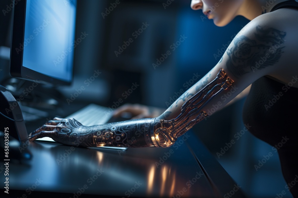Future Arm Computer Generative AI young woman with futuristic arm prosthesis works on ...
