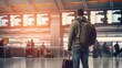 Traveling by airplane. Man waiting in airport terminal. Selective focus on hand holding suitcase against arrival and departure board .