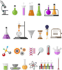 Graphic set chemical laboratory science flat vector. Vector about Chemical laboratory laboratory glass equipment chemical reaction test tubes and flask,