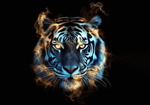 Photo Of A Neon Tiger Head On Fire, A Predatory, Ferocious Wild Cat In The Flames Of Fire. Poster