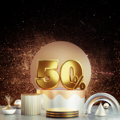 Wall Mural - 50% or fifty percent 3d realistic metal shiny gold text on black glitter background for promotion, s