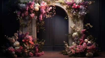 Canvas Print - A doorway with a bunch of flowers in front of it