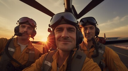 Poster - A group of men standing next to each other in front of a helicopter