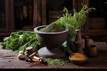 Wall Mural - mortar and pestle with spices and herbs on an old wooden table