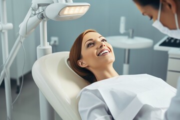 Woman gets dental checkup in a dentist's office.