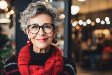 Wall Mural - Portrait of a happy senior woman in a red scarf and glasses.