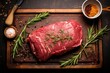 top view of a raw beef roast with garlic and rosemary