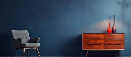 Wall Mural - Living room with blue wall mock up chair and decor