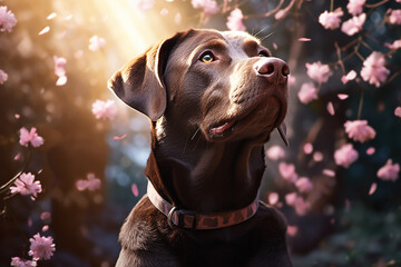 Wall Mural - Generative AI Image of Black Dog with Flowers Decoration in Spring