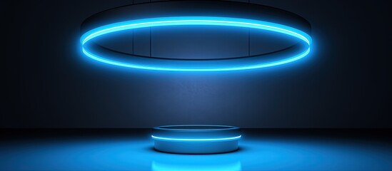 Poster - Floating blue podium with neon ring lamp suspended in air