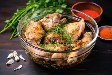 Wall Mural - chicken wings marinating in a bowl with spices and herbs