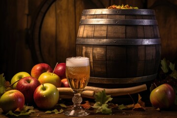 Poster - a half-filled glass of cider near a barrel