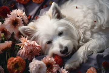 Wall Mural - Generative AI Image of Fluffy White Dog Sleeping with Beautiful Flowers