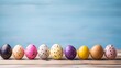 © Nikolai - Generative AI Dyed Easter eggs. Multicolored blue, turquoise, yellow, purple and pink Easter spotted painted eggs on a wooden background. Banner with copy space.