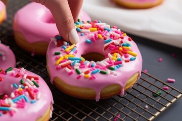 Wall Mural - hand placing sprinkles on wet icing of a donut