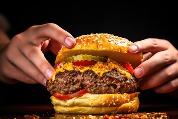 Canvas Print - a hand resting a fry on top of a hamburger