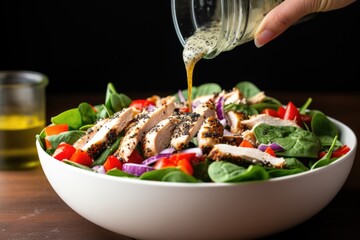 Sticker - hand sprinkling pepper over a bowl of grilled chicken salad