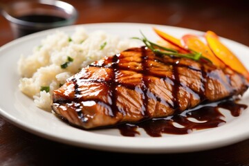 Poster - a grilled salmon steak glazed with tangy barbecue sauce